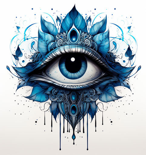 The lotus eye symbol on blue and white background lotus flower, tattoo style, dark aquamarine and black, security camera art, gothic, psychedelic surrealism