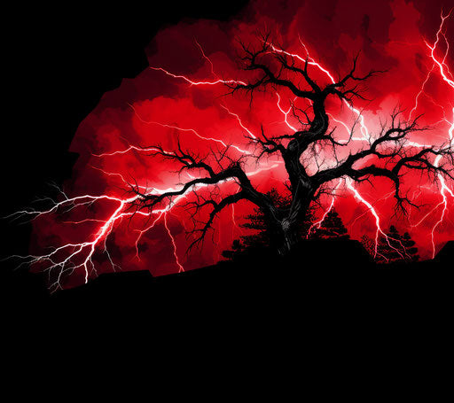 Red and white drawing of lightning cord, Halloween style