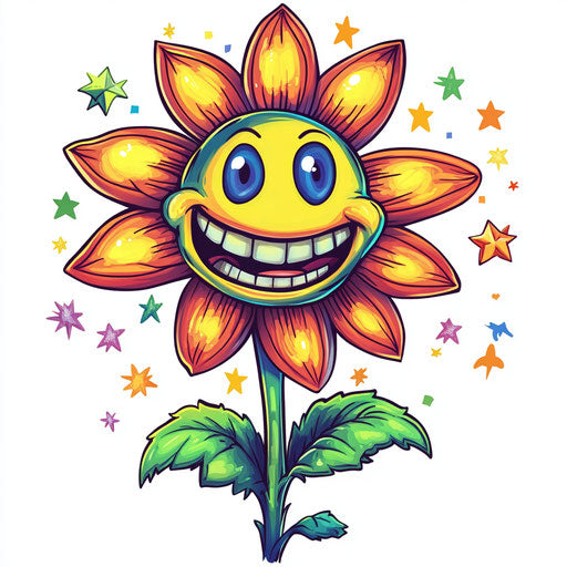 Humorous caricature of a simple flower with human characteristics
