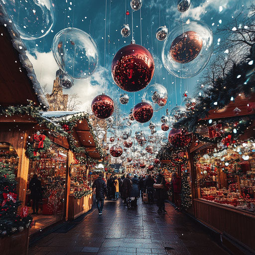 Floating Christmas balls at festive market