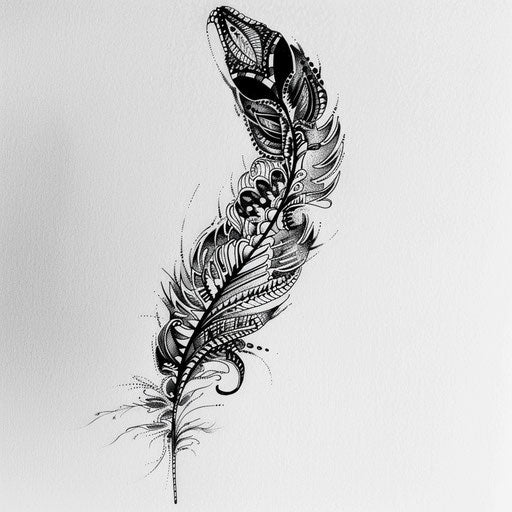 Ornate feather tattoo design with lace patterns on white paper