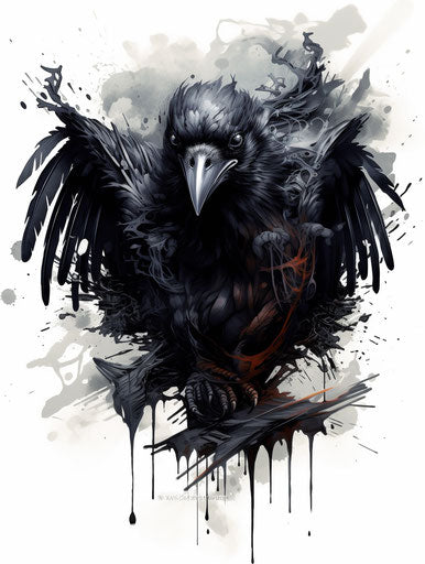 Tattooed raven in stark visual, kimoicore, crowcore style