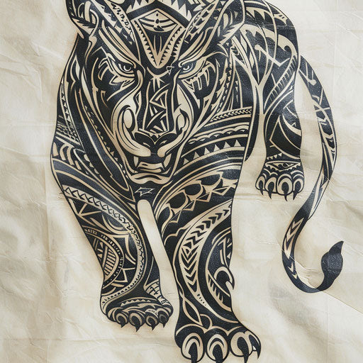 Polynesian tribal panther tattoo on white tapa cloth