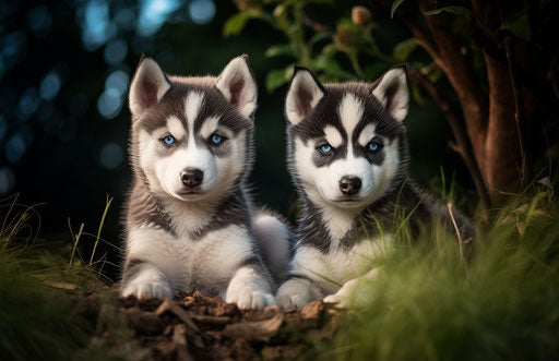 Two husky puppies sitting in a garden