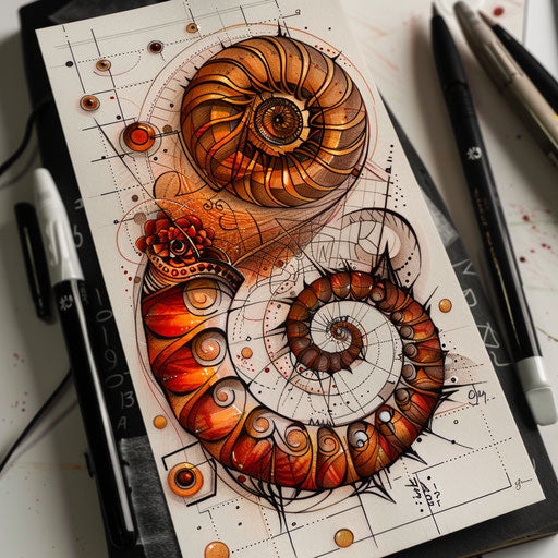 Neo-traditional tattoo sketch of a Fibonacci sequence with rich colors and intricate details