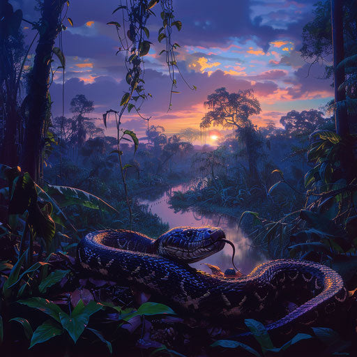 Titanoboa in a lush rainforest at dawn