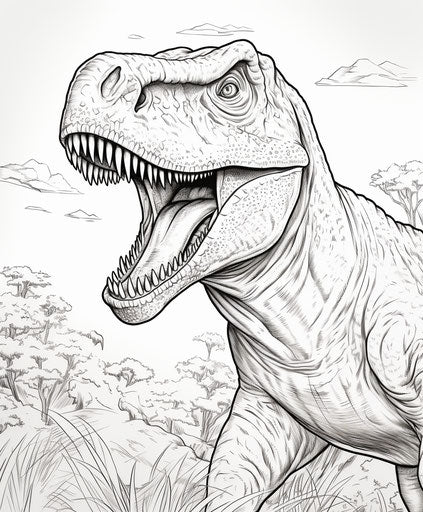 Free coloring pages for toddlers Tyrannosaur dinosaur, subtle ink wash style