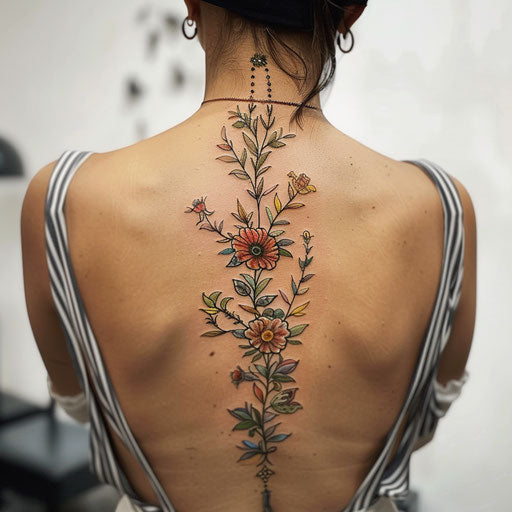 Floral spine tattoo for women inspired by Maria Sibylla Merian
