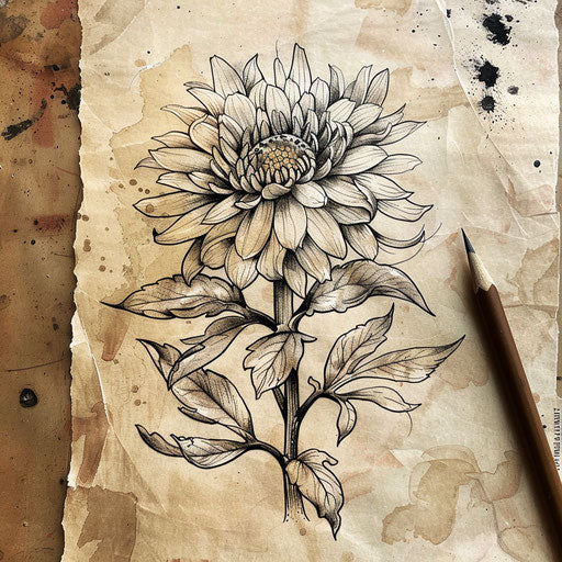Rustic tattoo sketch of an aster flower with woodcut textures in earthy tones