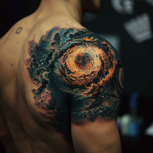 Cool tattoos for men with a cosmic explosion on the shoulder