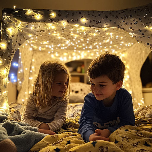 Young siblings in fleece pajamas, building a fort in the living room, fairy lights twinkling above them.