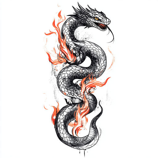 Snake back tattoo with dragon head and fiery elements