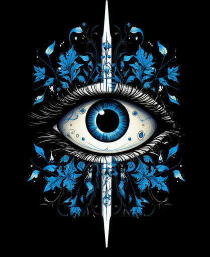 Black and white eye drawing with blue, foliage style