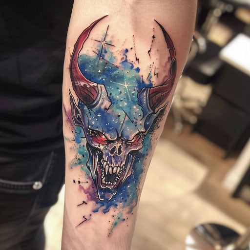 Galactic devil tattoo on white canvas