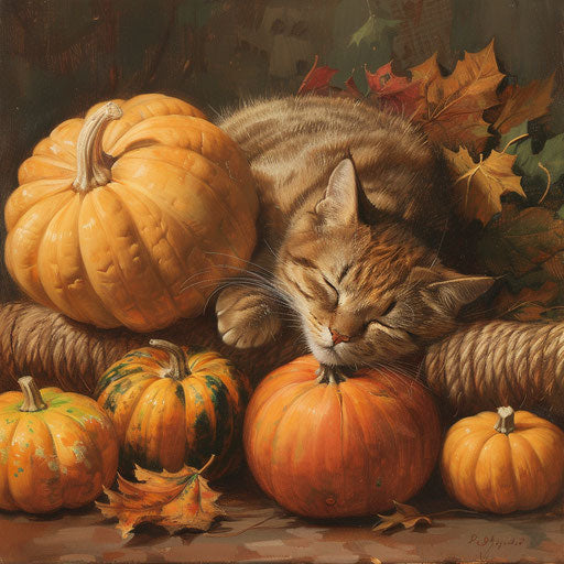 Brown cat resting with pumpkins