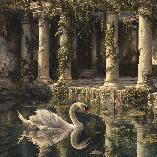 Swan swimming in reflective pool amidst ancient ruins