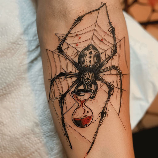 Enchanting black widow tattoo with red hourglass on white surface