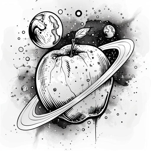 Imaginative tattoo sketch of an apple planet with tiny moons orbiting in space palette
