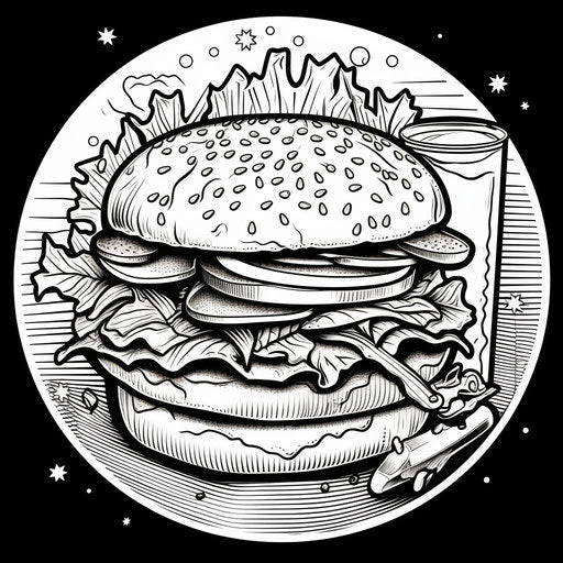 Burger coloring page, focus stacking style, tondo, light gray, flat, dark white and black, UHD image