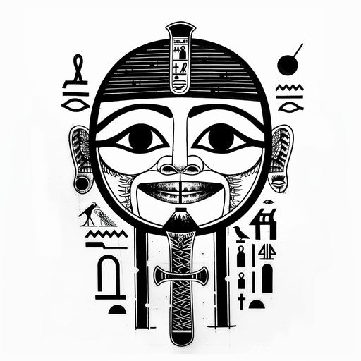 Ancient Egyptian style smiley face tattoo, hieroglyphics and symbols, on white
