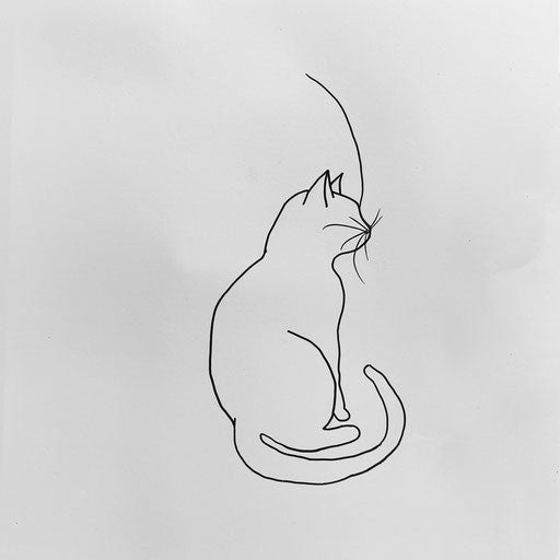Flat tattoo sketch of a minimalist cat outline made with a single dotted line