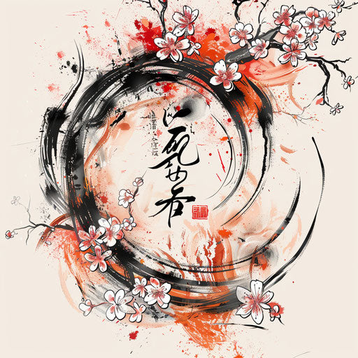 Swirling sakura petals around poetic Japanese calligraphy sketch