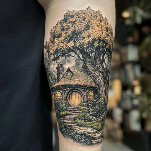 Arm tattoo in Peter Jackson style featuring a hobbit house