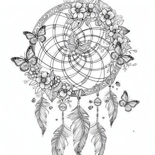 Dream catcher adorned with butterflies and lace patterns. Coloring page