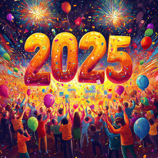 2025: Joyful celebration with balloons and fireworks