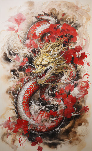 Japanese dragon in red and gold, black and white realism style