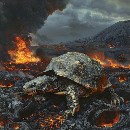 The fire-breathing turtle in a volcanic setting