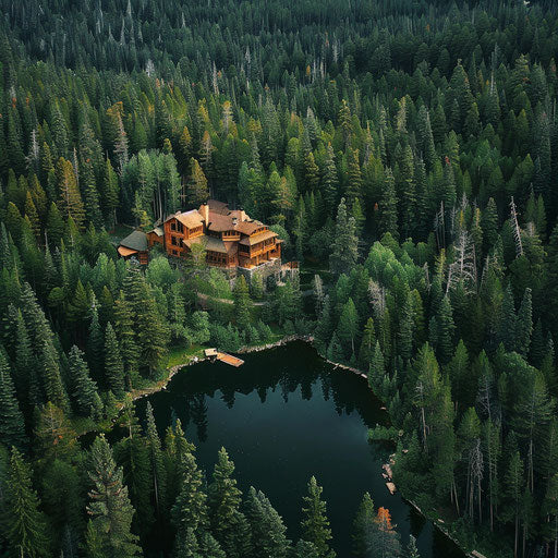 Aerial view of a mountain lake lodge nestled in dense forests