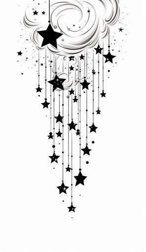 Black and white stars hanging on white background, anime aesthetic, tattoo 37:64