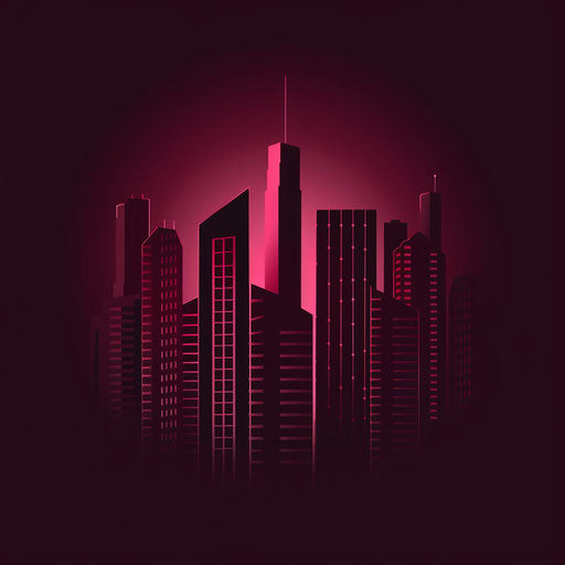 Photorealistic building silhouette on luminous burgundy background