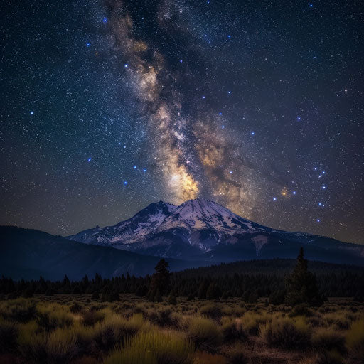 Shasta Mountain under a clear, starry night, the Milky Way stretching across the sky.