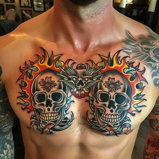 Men's chest tattoo of traditional skulls and flames