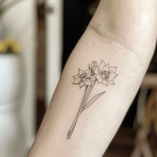 Elegant single needle Narcissus tattoo design, fine details and soft shading on a white background