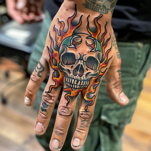 Men's hand tattoo with traditional skulls and flames