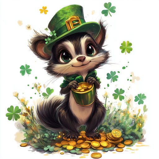 St. Patrick's Day skunk with a green hat and a gold coin