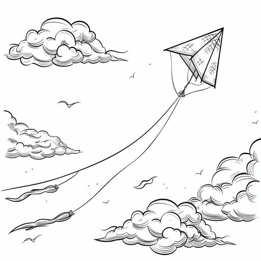 A kite in the sky with fluffy clouds. Coloring book page