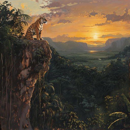 Sunda tiger on cliff edge, golden jungle at sunset