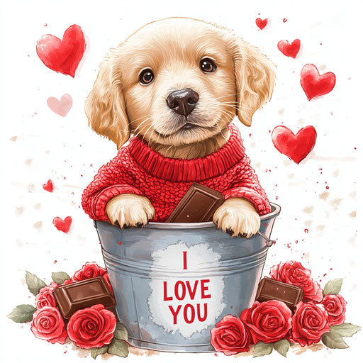 Adorable golden retriever puppy in red sweater in bucket of roses and hearts