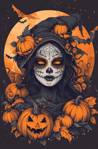 Witch with sugar skull makeup for Halloween