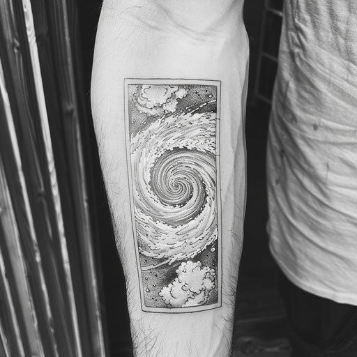 Flat bold tattoo sketch of a hurricane viewed from space