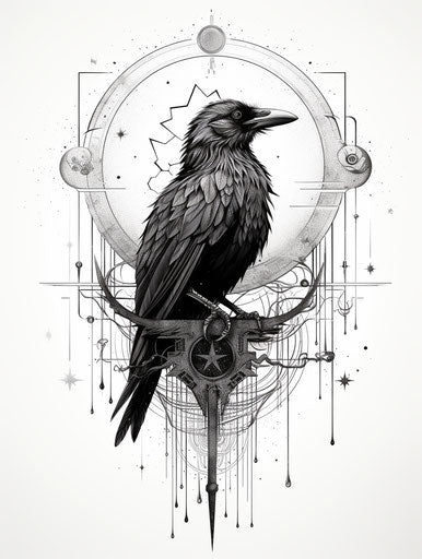 Raven with pendant and crescent moon tattoo