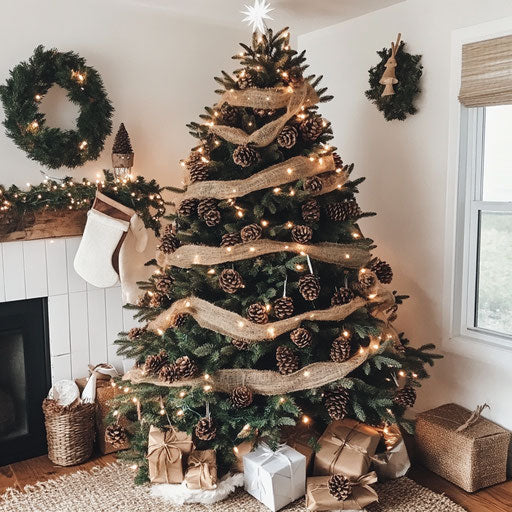 Woodland Christmas tree, simply decorated with pinecones