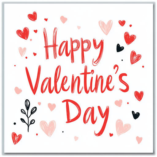 Joyful Valentine's Day surrounded by hearts in red and pink on a white napkin