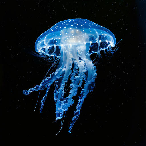 Jellyfish with bioluminescence, in the style of Gregory Colbert