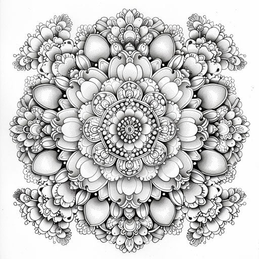 Elaborate floral mandala, coloring book page in Johanna Basford style