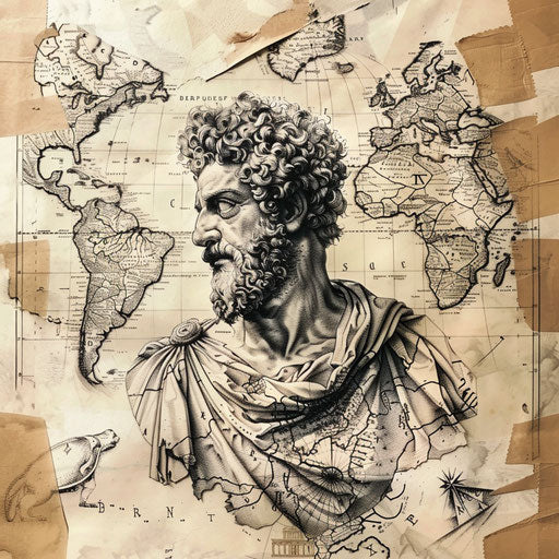 Flat tattoo sketch of Marcus Aurelius with a map of the Roman Empire in the background